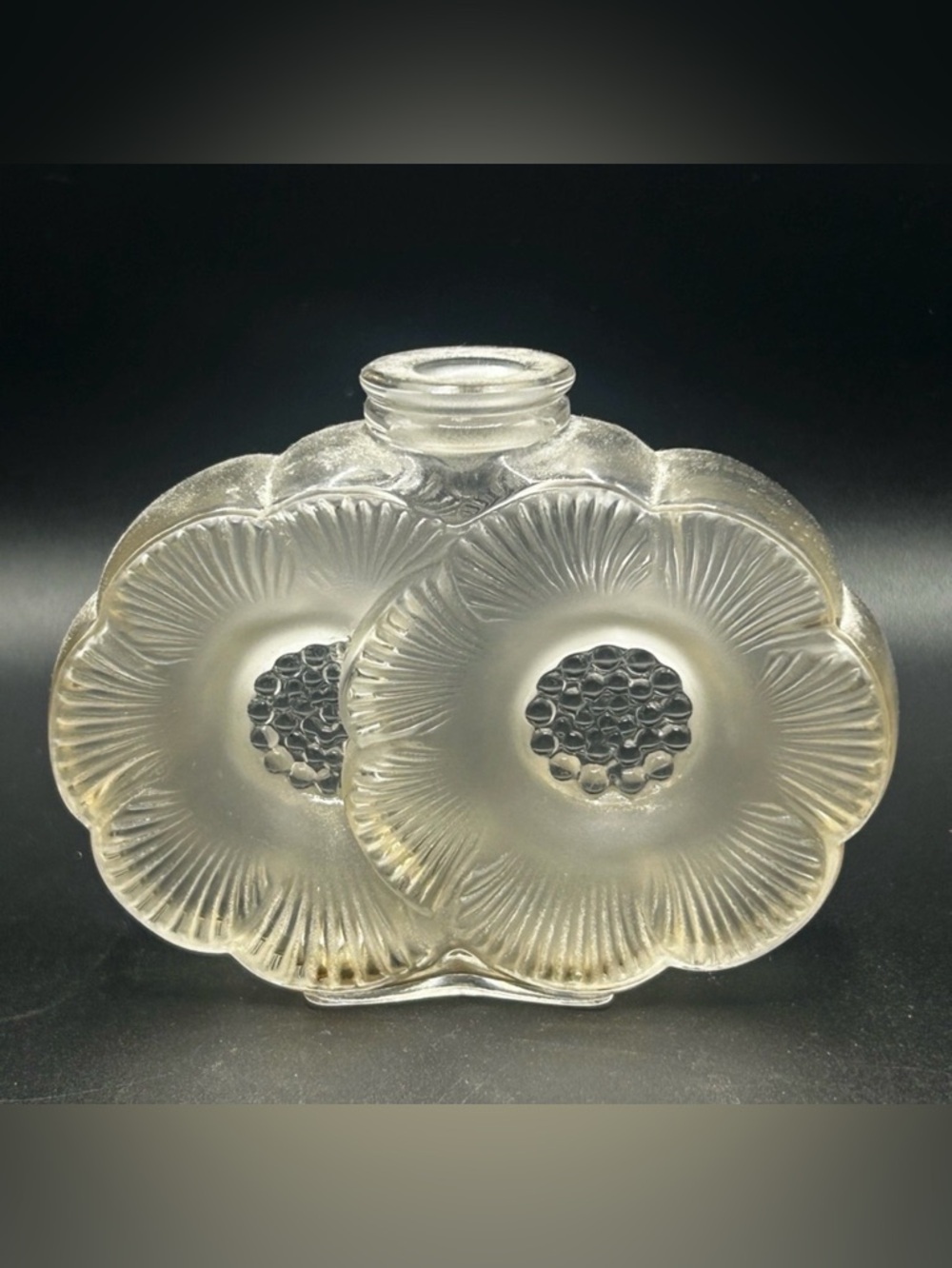 Lalique France Deux Fleurs Two Flowers Frosted Crystal Perfume Vanity Bottle